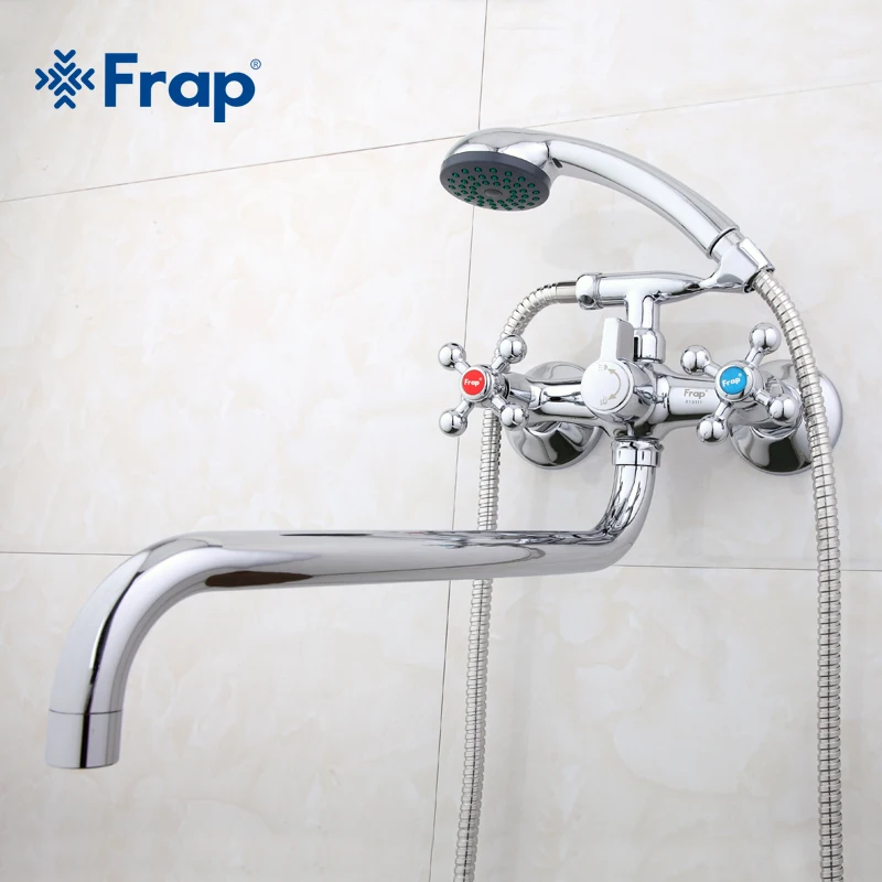 Buy Frap Wall mounted Silver shower set hand bathroom double handle dual hole faucet with 36cm nose F2619-2 on