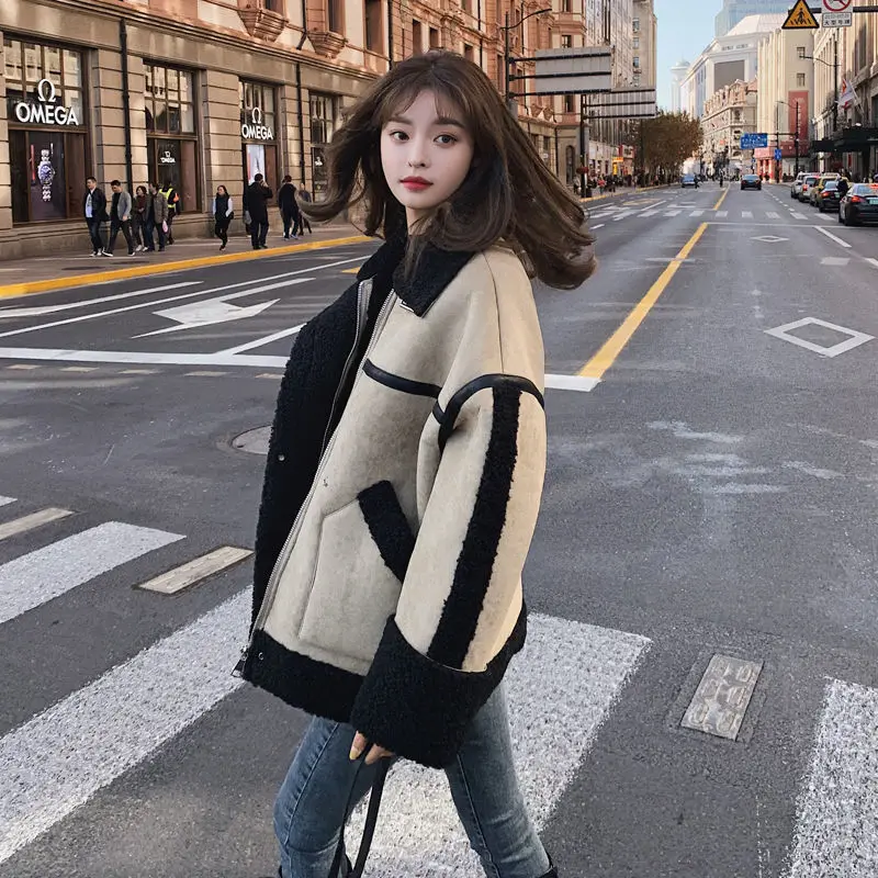 

Women 2021 Winter New Fashion Jacket Female Faux Leather Coat Streewear Suede Jackets Thick Warm Faux Lamb Leather Outwear D414