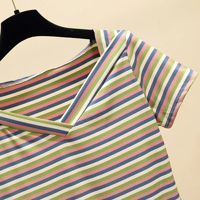 Женская футболка в полоску с V-образным вырезом хлопковый летний топ Корейском