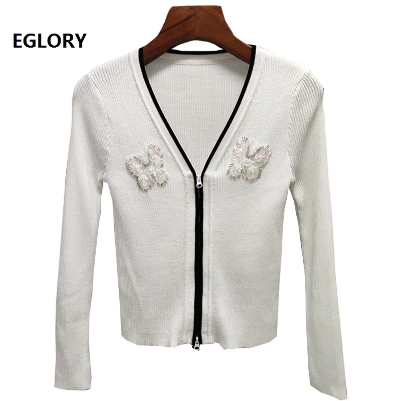 

2020 Autumn Fashion Cardigan Women V-Neck Sequined Butterfly Deco Long Sleeve Casual Blue White Black Cardigan Casual Tops Coat