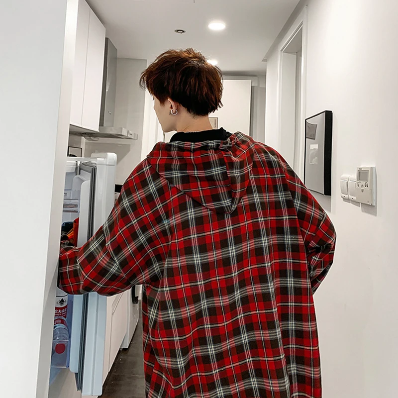 Шотландский мужской длинный рукав плед рубашки для мужчин с капюшоном рубашка