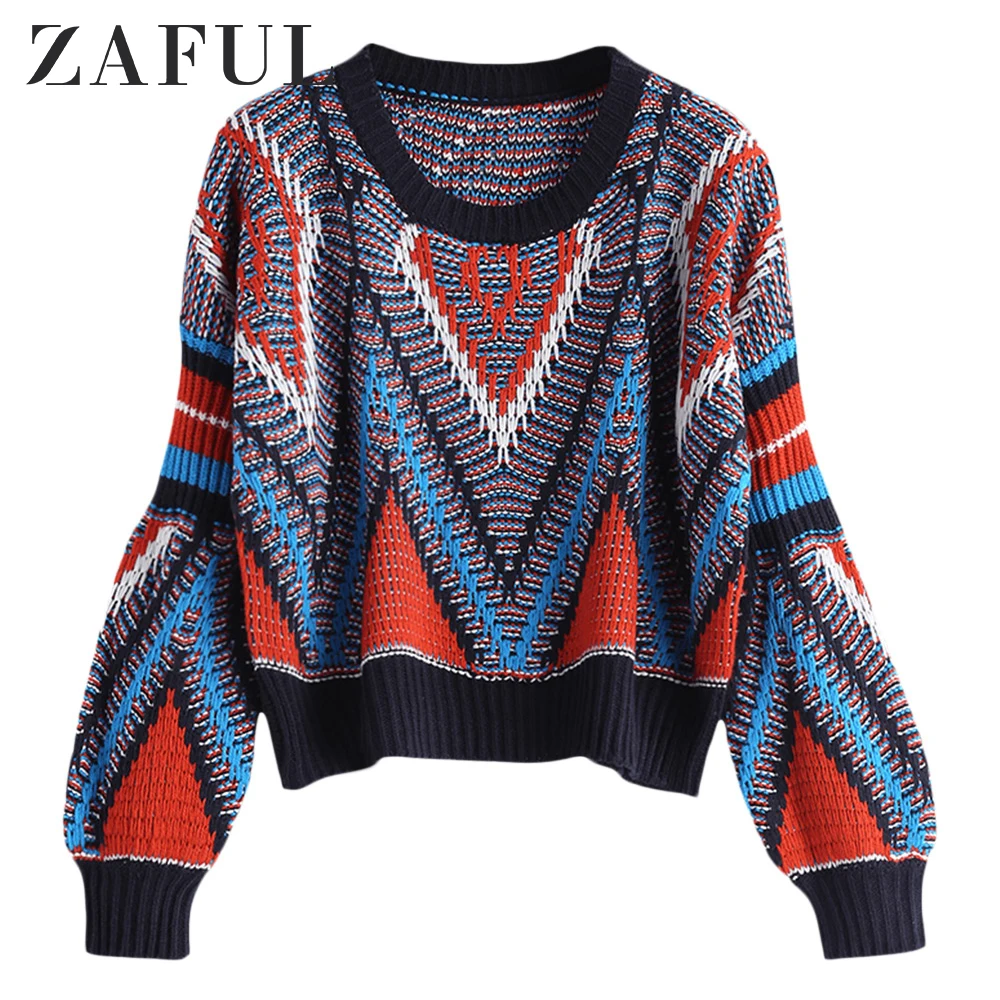Женский свободный свитер с геометрическим рисунком ZAFUL Повседневный хлопковый