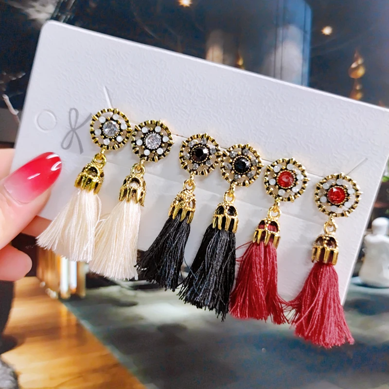 

Vintage Tassel Drop Earrings For Women Luxury Crystal Gold Color Round Long Pendientes Mujer Jewelry Fashion Cheap Bijoux Femme