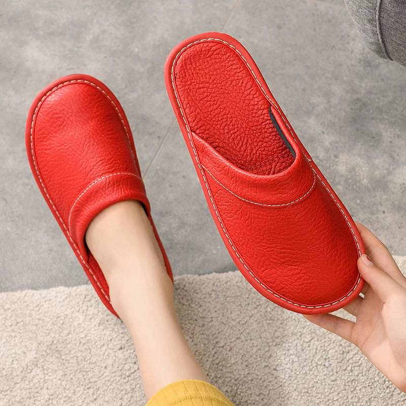 Pink Leather Slippers Unisex Big Size 45 46 Indoor Brand Shoes For Woman Anti-Slip Slippers Female Home Shoes
