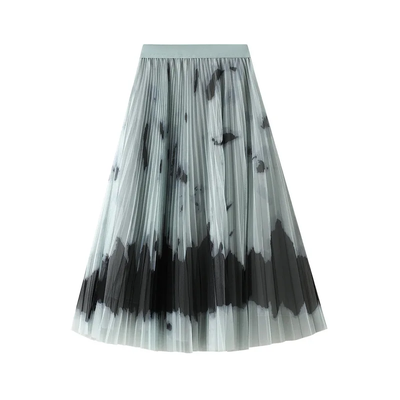 

Tie Dye Mesh Skirts Women Designer Abstract Oil Painting Elegant Long Pleated Skirt 2021 Autumn Winter Super Fairy Printed Falda