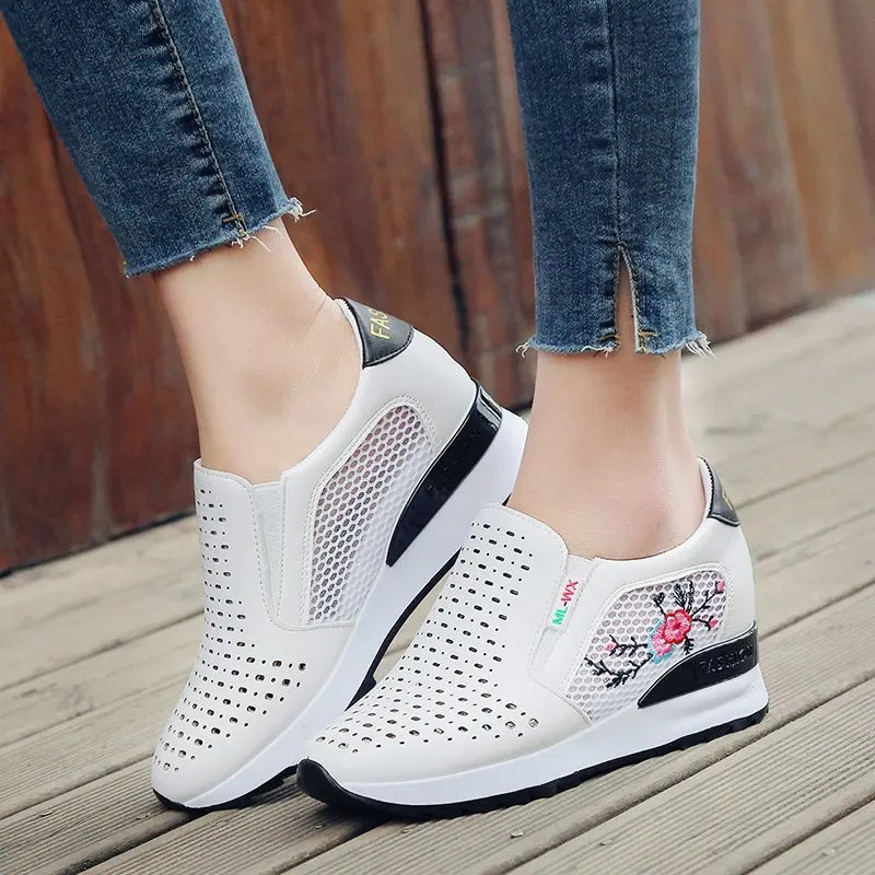 

Women Comfortable Casual Shoes Summer Slip on Loafers Mixed Colors Hollow Out Increasing Internal Height Sneakers