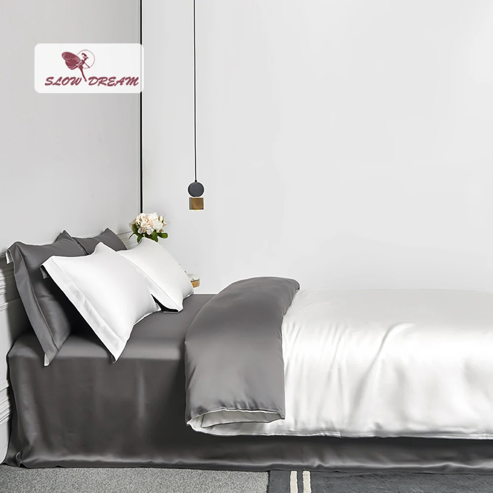 

SlowDream Premium 6A Grade 100% Silk White Gray Bedding Set Healthy Silk Duvet Cover Pillwocase Queen King Flat Sheet For Sleep
