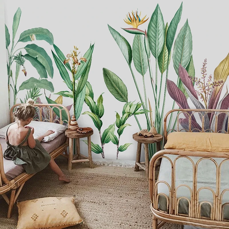 Фотообои современные водостойкие с ручной росписью тропические растения листья