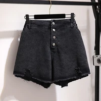 new summer women high waist button wide leg jeans shorts holes pockets solid casual female loose fit denim shorts plus size 6xl