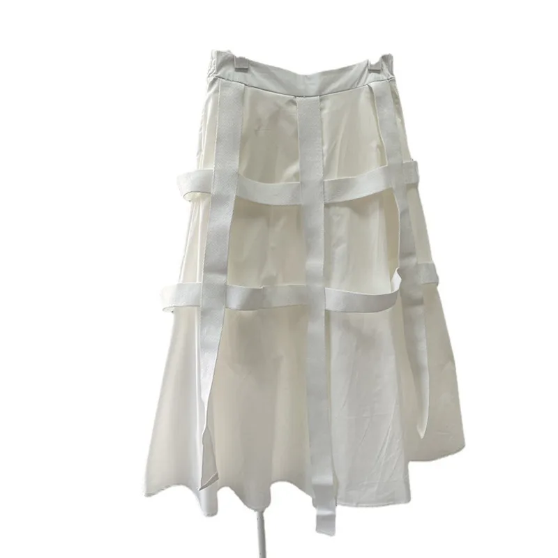 

[DEAT] Mid Length High Waist Slim White Ribbon Stitching Versatile Slim A-line Skirt For Women 2021 Spring And Summer GX1077