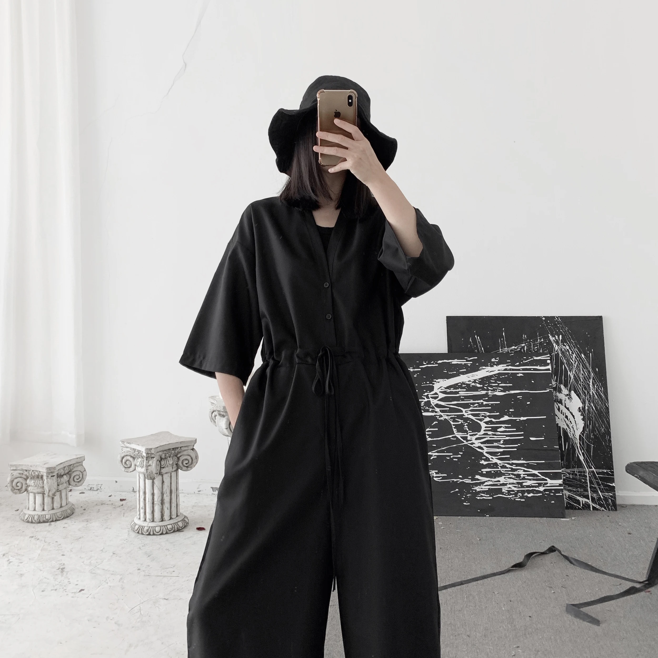 

Yamamoto-style dark Japanese niche designer waist rope v-neck sleeve waist jumpsuit wide leg pants