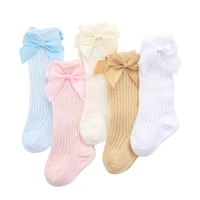 infant kids girls boys knee high socks leg warmer ribbon bow solid cotton stretch lovely 0 3y