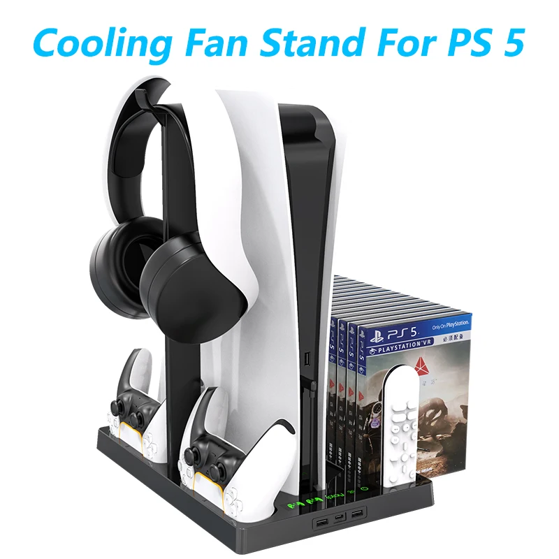 

Подставка для охлаждающего вентилятора для консоли PlayStation 5, консоль для цифровой версии, зарядная станция для двух контроллеров для PS5 свет...