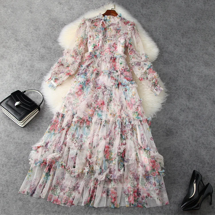 European and American women's clothing new 2021 spring  Long sleeve printed  Fashion mesh pleated dress