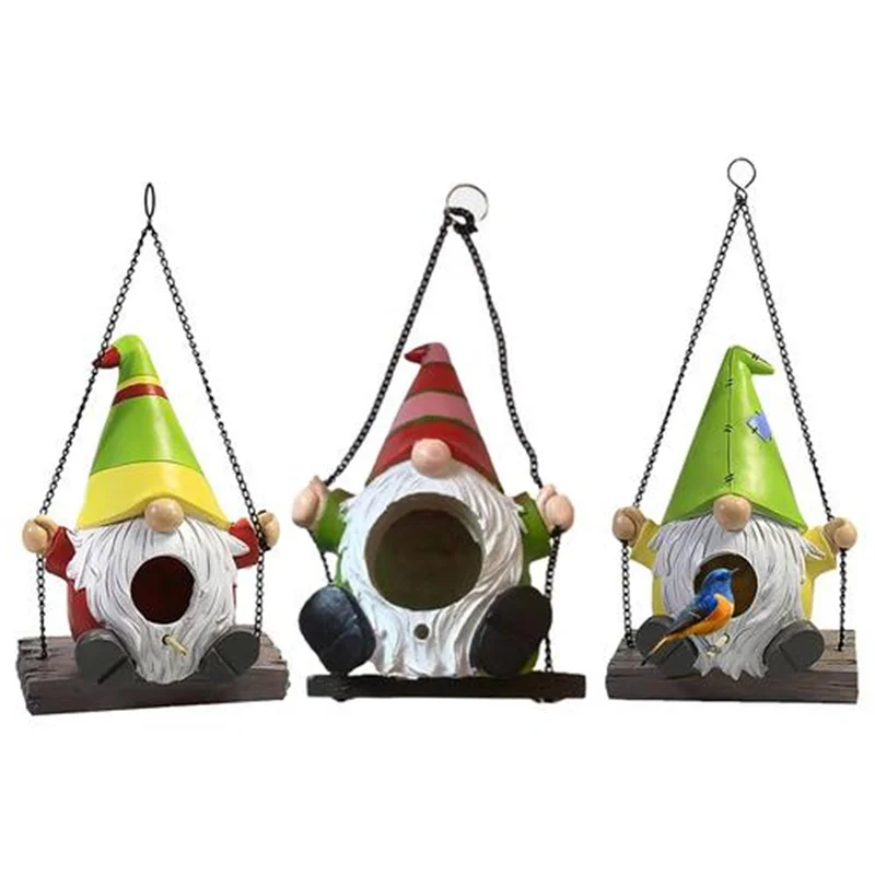 

Swinging Gnome Hummingbird House Hand-Painted Resin Ornament for Outdoor Garden Courtyard Decoration L5