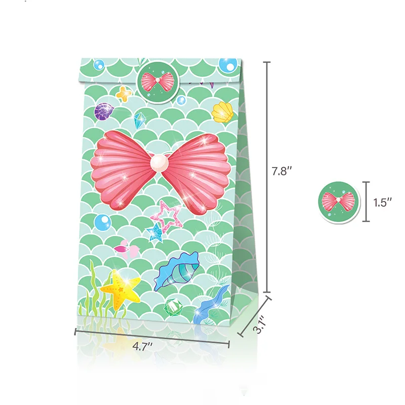 

12pcs Mermaid Theme Candy Box Favor Cookie Gift Bag with Stickers Kids Little Mermaid Birthday Party Decor Baby Shower Supplies