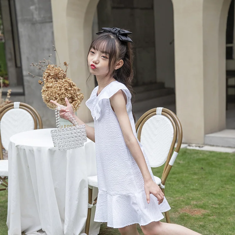 

2021 New Summer Little Girl Clothes Dress White Peter Pan Collar Kids Dresses For Girls Children Teenage Princess Dress Casual