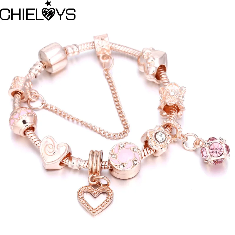 CHIELOYS,, весенний очаровательный браслет для женщин, розовые хрустальные бусины, Посеребренная Цепочка-змейка, брендовый браслет, ювелирное изделие, подарок