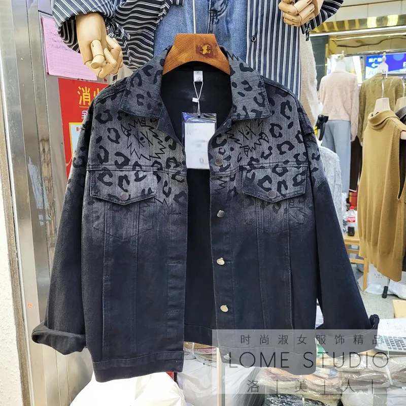 

Vintage Gradient Color Loose Black Denim Jacket Female Spring Autumn 2021 New Letter Printing Jean Coat Cowboy Tops for Women