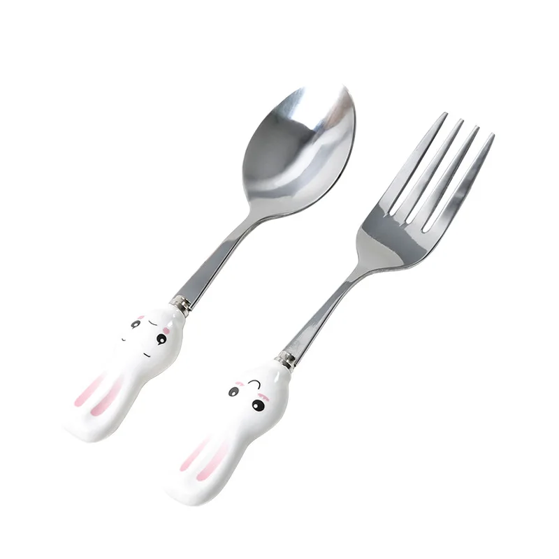 Набор столовых приборов Cartoon Stainless Steel Spoon Fork Cutlery Set Cute Children Tableware Rabbit Carrot Sets