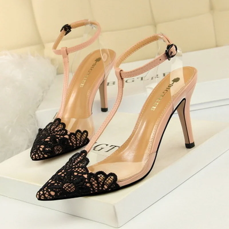 

Korean StyleEvening Transparent Barefoot Shoes Fine with High Heels Lace Pointed-ToeT-Strap Sandals High Heels high heels women