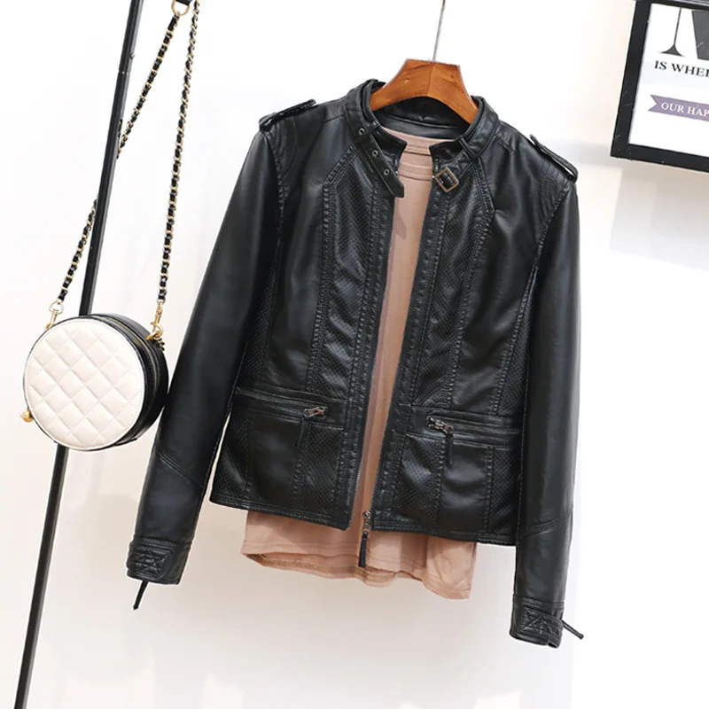

Womens European Black PU Leather Slim Short Jacket