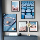 Картина на холсте для гостиной, с изображением розового теннисного баскетбольного корта Венеции, голубые сиденья, Северный плакат для украшения