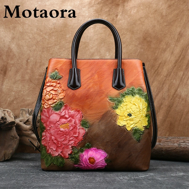 motaora retro women bag vintage bucket shoulder bags for women 2022 new handmade embossed leather handbag floral tote bag female free global shipping