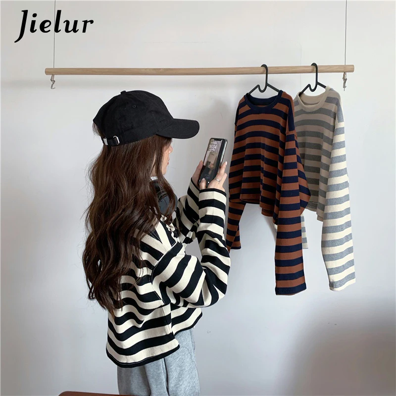 Jielur цвет заклинания Женская толстовка в полоску Harajuku модный свободный тонкий