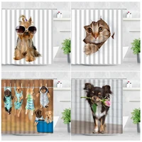 Cute Cat Dog Pattern Shower Curtains Funny Animal Pink Flowers Print Waterproof Fabric Bath Decor Hooks Bathroom Curtain Sets