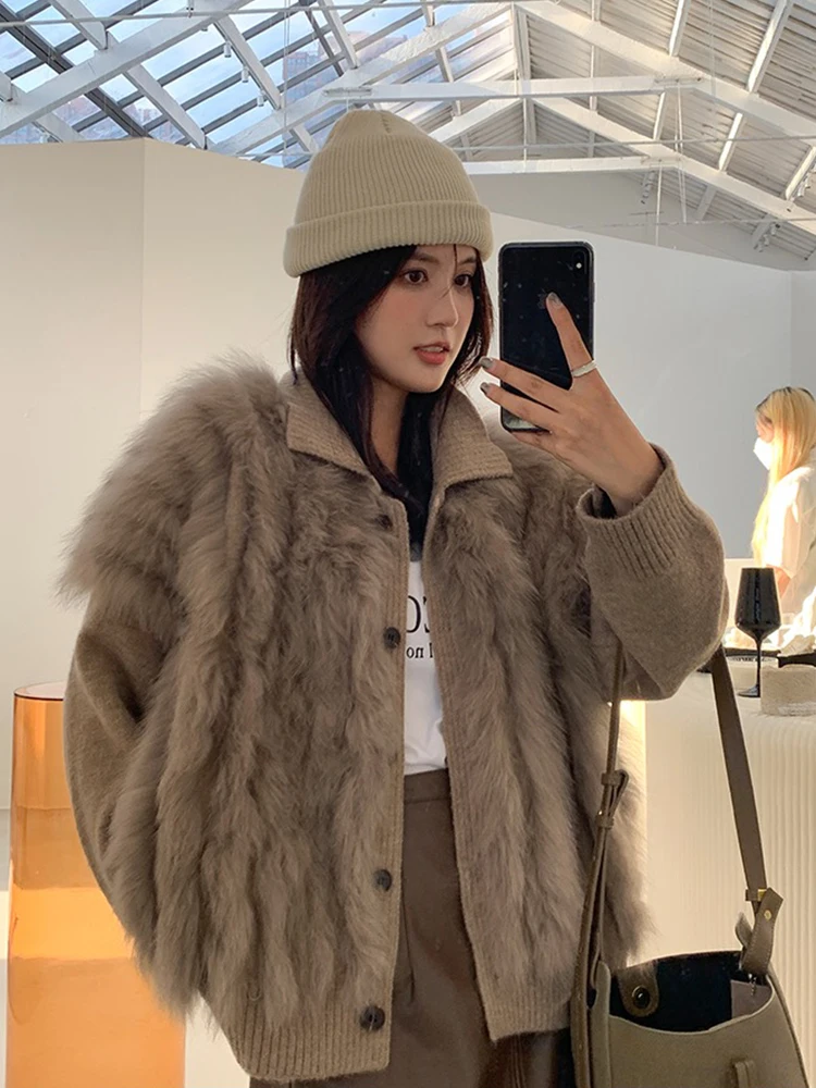 Women Real Fox Fur Knitting Oversize Loose Spring Fox Fur Strip Sewed Together Outside Decoration Turn-down Collar Sweater Coat