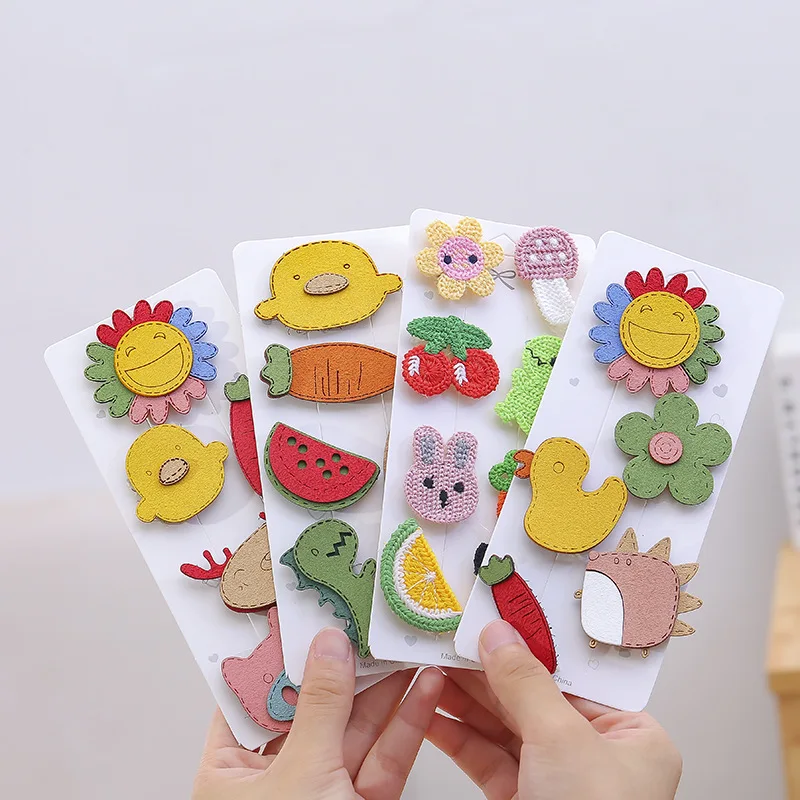 

Cute Children Girls PU Leather Knitting Wool Flower Fruit Cartoon Hair Velcro Set Colorful Hair Clips Sweet Hair Accessories