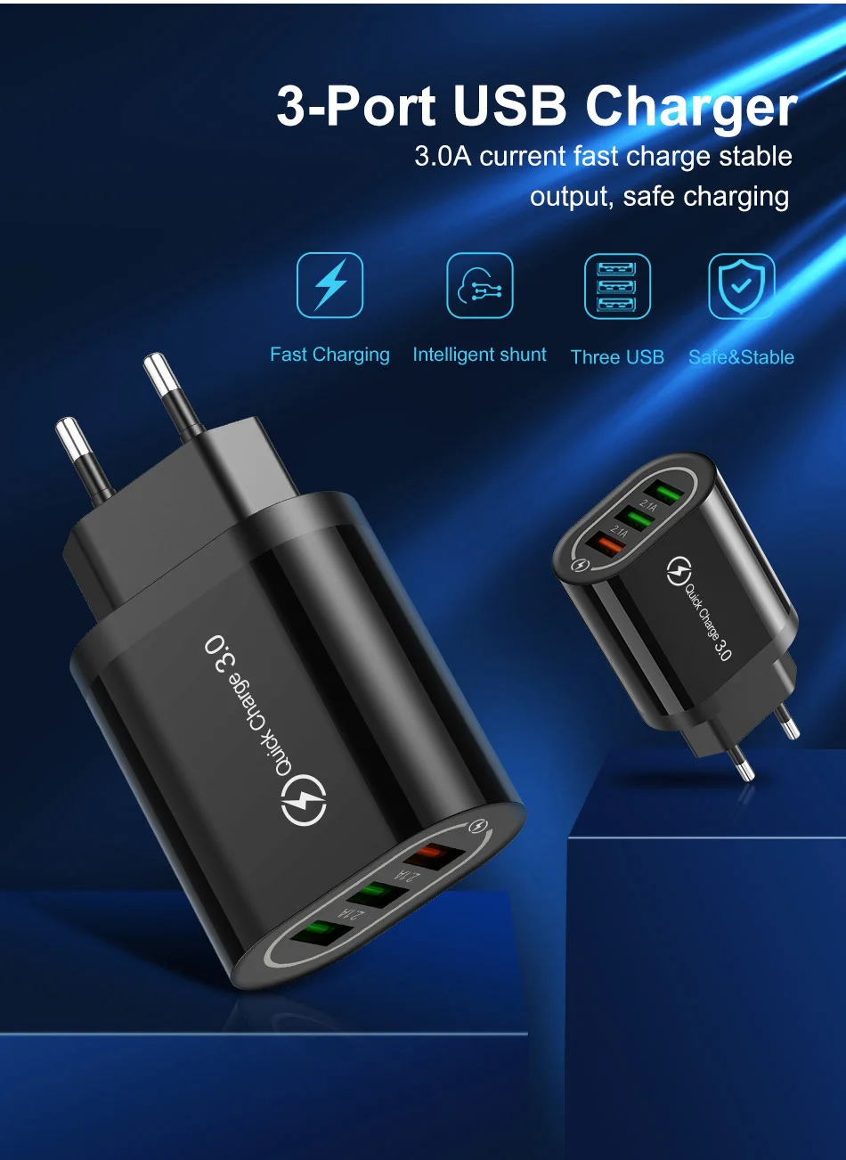 18 Вт 3 отверстия USB зарядное устройство адаптер Быстрая зарядка 3,0 QC 2,0 быстрое зарядное устройство для мобильного телефона QC3.0 ЕС Разъем для iPhone samsung Xiaomi huawei