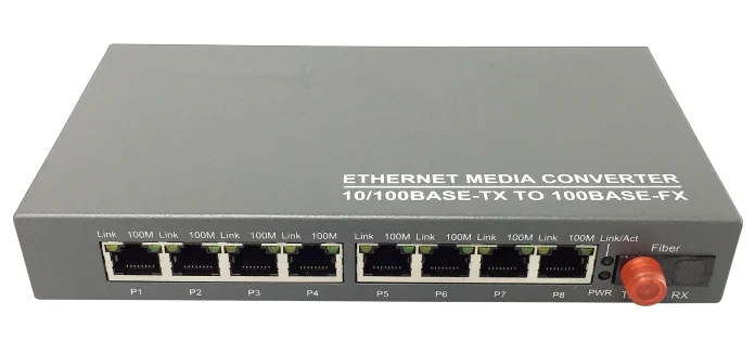 MST100MS-8 медиаконвертер промышленного класса Ethernet 8*10/100Base-Tx в 1 * 100Base-Fx fibra optica