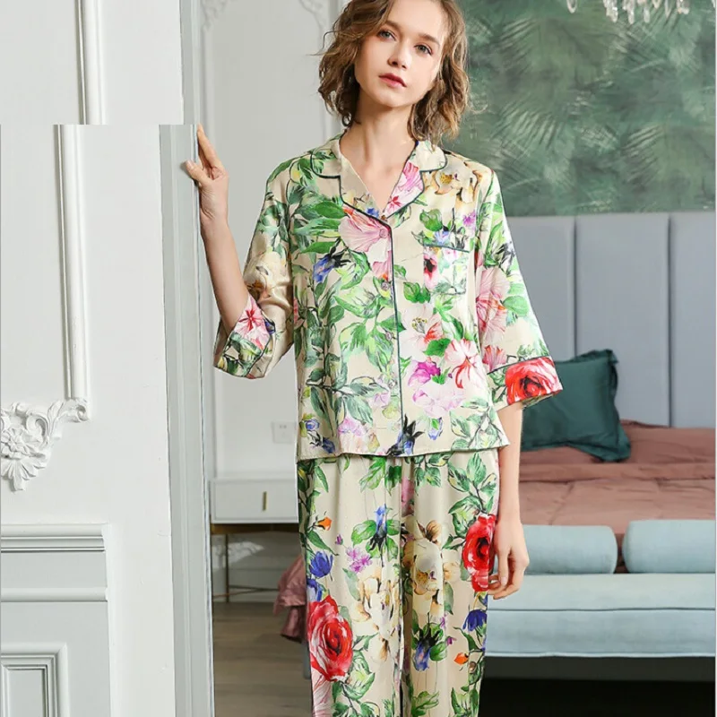 Woman Silk Sleepwear Pajamas Sets Floral Print Summer Spring 2020 Lady Plus Size Fashion Pyjamas Set Full Sleeve Female 2XL