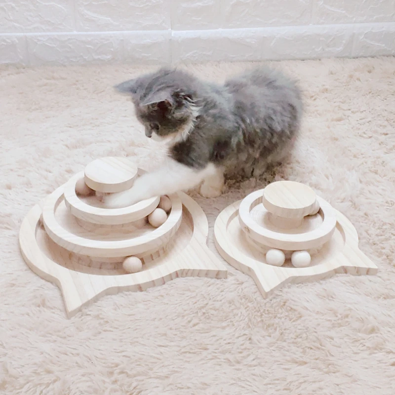 

26X26X11CM Three Levels Wooden Tower Tracks Cat Interactive Ball Toys Cat Intelligence Amusement Play Disc Cat Crazy Ball Disk