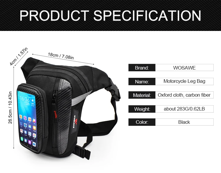 

WOSAWE Motorcycle phone Leg Bags Travel Casual Waist Bag motobike Black waterproof Multifunction Backpack waterproof Bags
