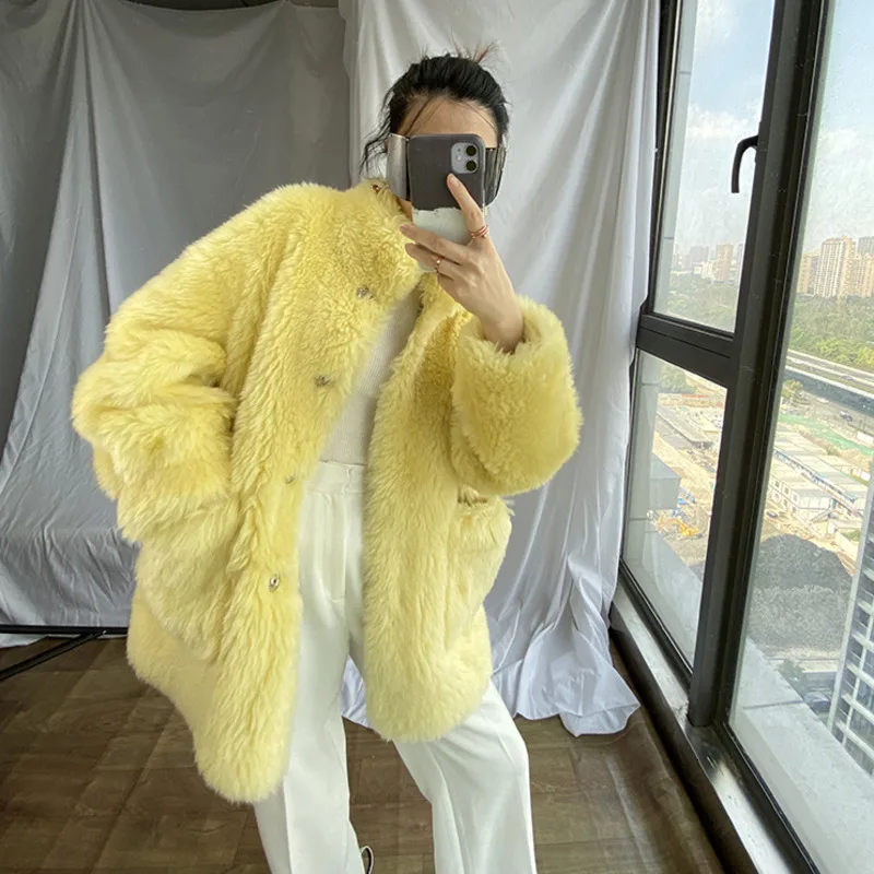 DEAT 2020 Fashion Solid Color Fur Coat Female Winter Loose Sheep Shearing One Lamb Hair Warm Shirt PB919 |