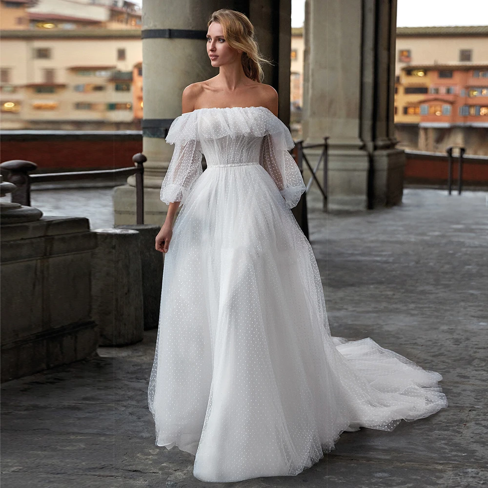 

Bohemian Polka Dot Tulle Wedding Dresses Sexy Ruffles Off Shoulder Half Sleeve Bridal Gowns Princess Movable Beach Bride Dress
