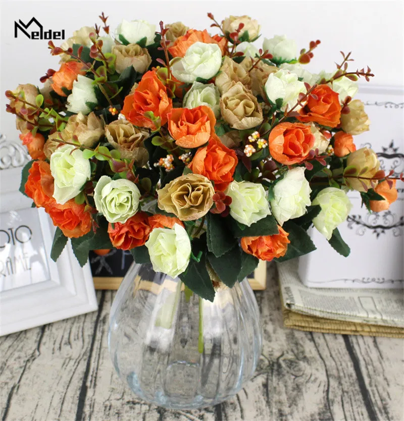 Искусственные цветы с 21 головкой Блестящие розы маленькие шелковые сделай сам