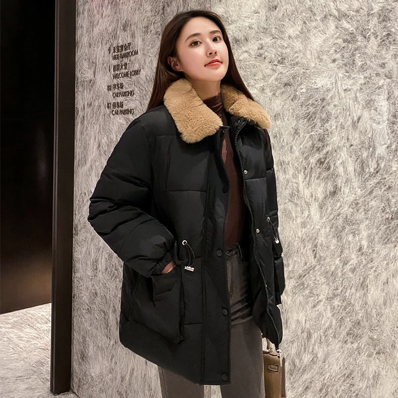 

Fashion Solid Cotton Liner Parker Autumn Winter Jacket Women Drawstring Slim Parka Hooded Fur Coat Female