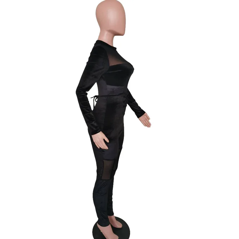 

Womens Jumpsuit Sheer Mesh Velvet Rompers Nova Clothes O Neck Long Sleeve Bodysuits See Through One Piece Overall