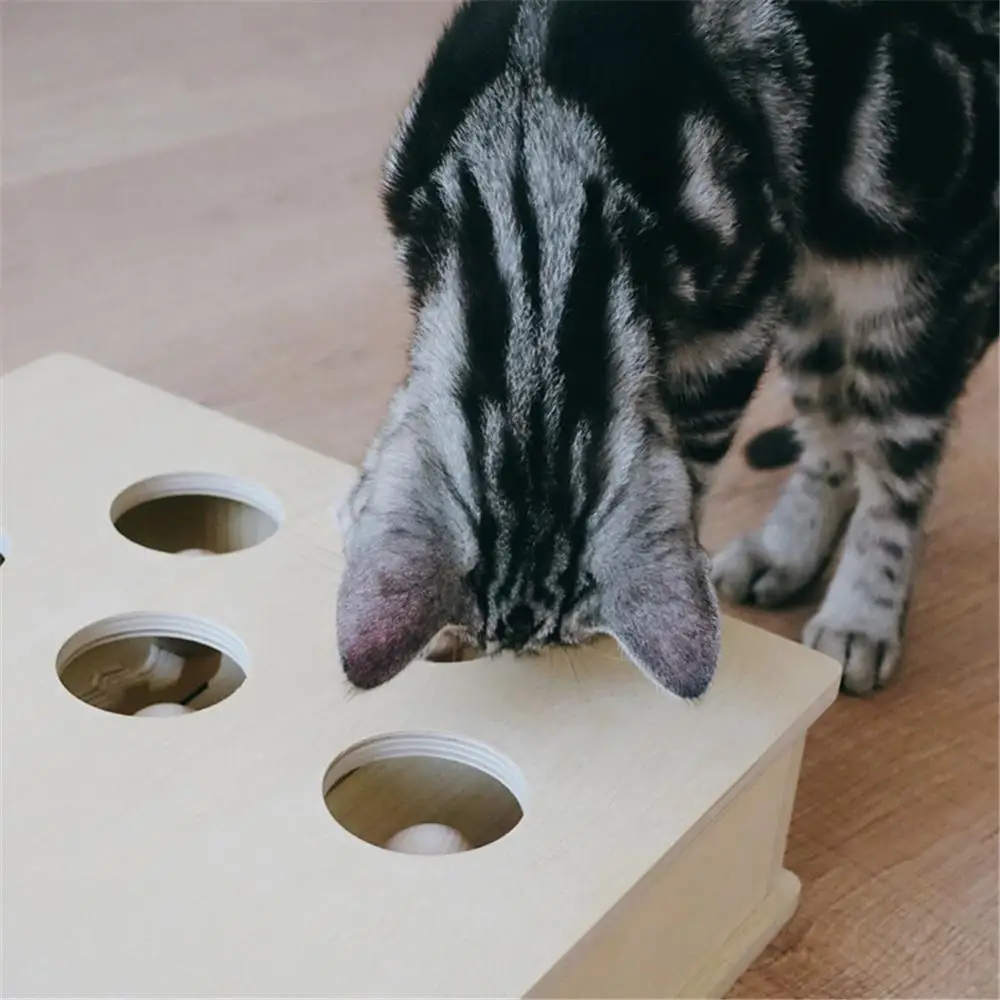 

Cat Hunt Toy Chase Mouse Solid Wooden Interactive Maze Pet Hit Hamster with 3/5-holed Mouse Hole Catch Bite Catnip Funny Toy