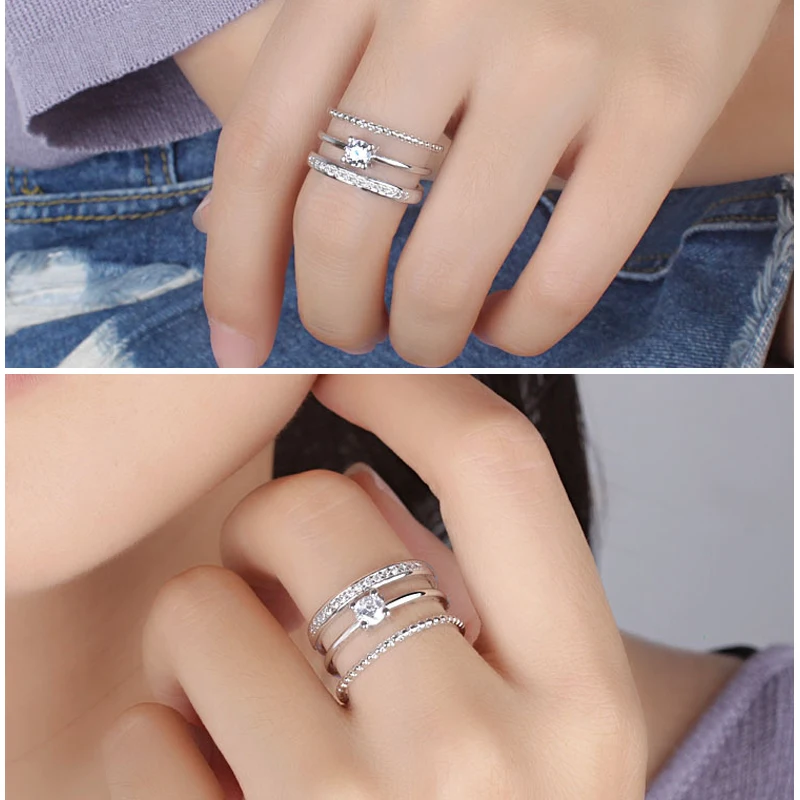 Женское многослойное кольцо из серебра 925 пробы с фианитами | Украшения и