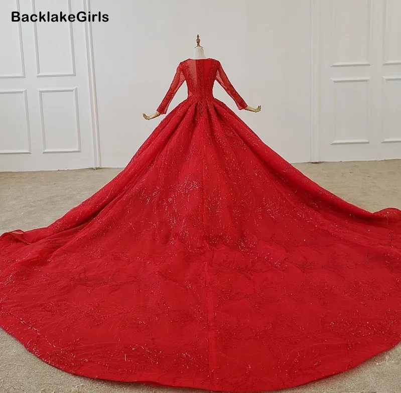 Роскошные красные свадебные платья принцессы с длинным рукавом из тюля