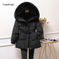 lagabogy 2021 new winter jacket women large faux fur hooded short 90 white duck down coats slim warm parkas female outwear belt