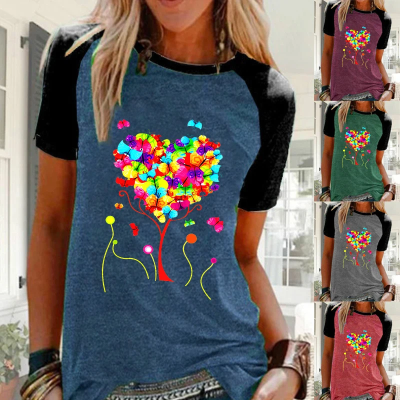 

Women Plus Size Casual Butterfly Printed Raglan Sleeve Shirts Crew Neck Ladies Fashion Loose T-shirt Short Sleeve Blouse Tops