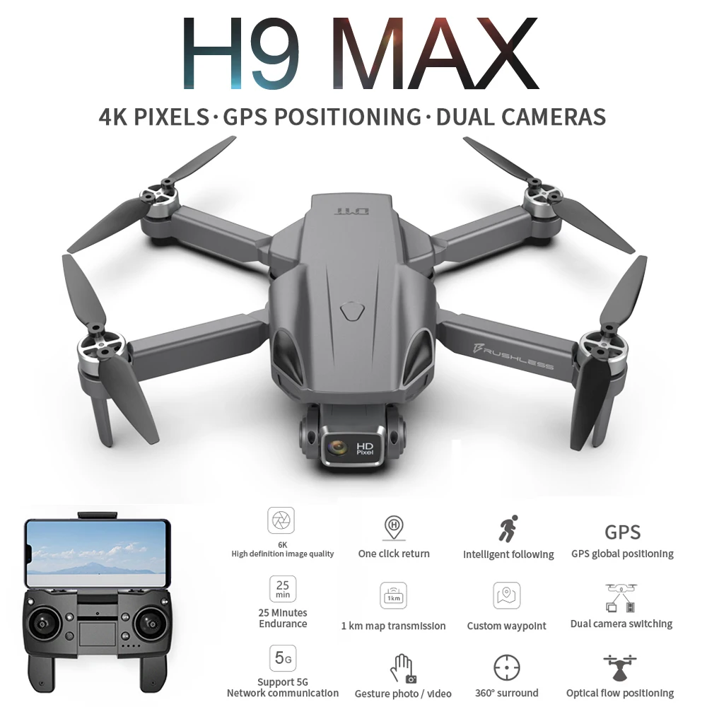 

Дрон H9 MAX с двойной камерой, 4K, GPS, Wi-Fi, FPV