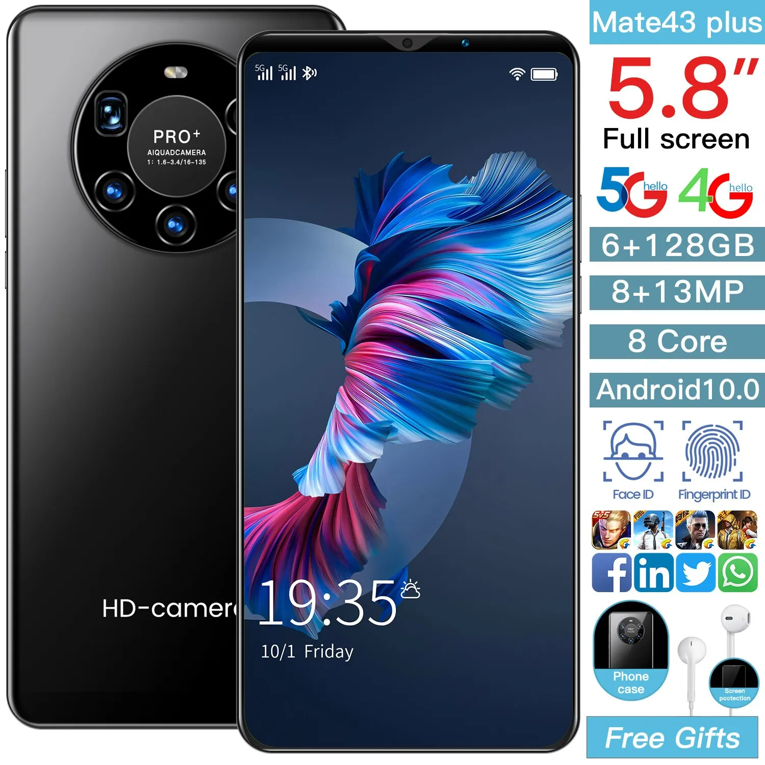 

Hot Mate43 Plus Cheap Smartphones 5G LET Android Cellphones 8-Core MT6763 8GB+256GB 4800mAh Dual SIM Mobile Phone Face ID