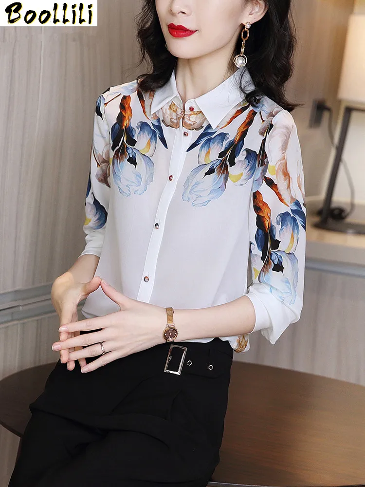 Boollili 100% Real Silk Vintage Blouse Women Clothes 2020 Long Sleeve Office Shirt Women Blouses Ladies Tops Elegant Shirts